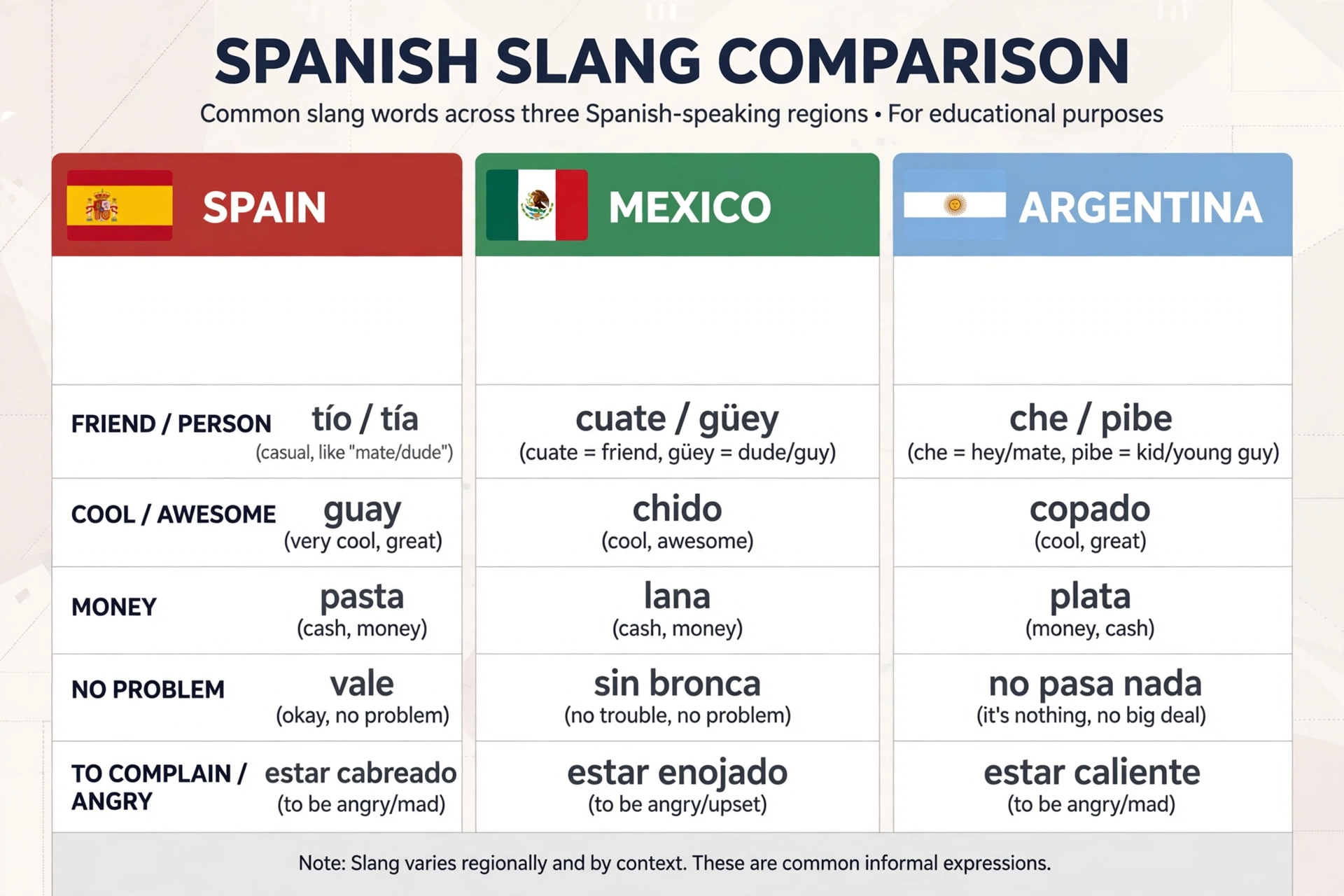 slang in spanish vs similar terms comparison chart