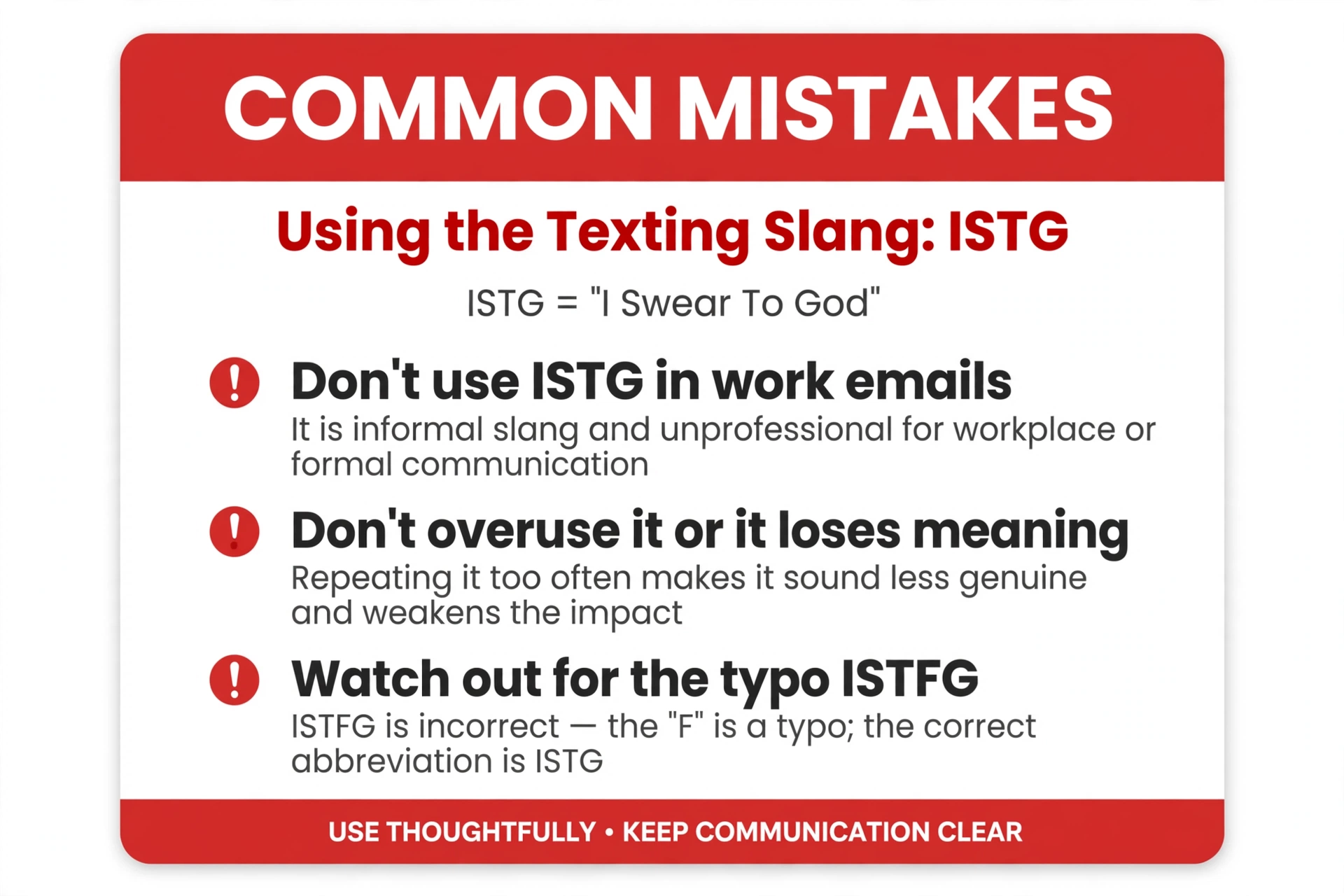 common mistakes when using istg in texts